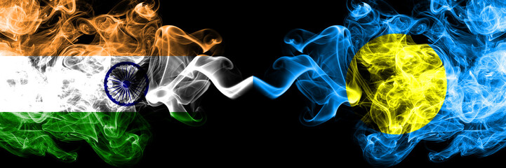 India vs Palau, Palaulan smoke flags placed side by side. Thick colored silky smoke flags of Indian and Palau, Palaulan