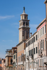 The Bell Tower of the Church of Carmini in Dorsoduro Venice,Italy ,march, 2019