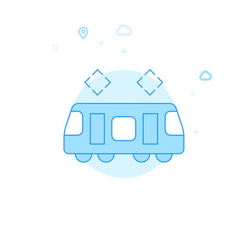 recommend clip art: Tram, Street Car Flat Vector Illustration, Icon. Light Blue Monochrome Design. Editable Stroke