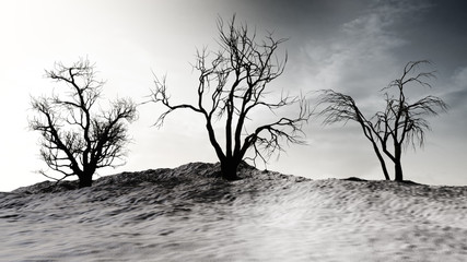 concept art of dead and dried trees in winter landscape covered with snow 