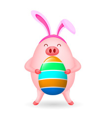 Cute cartoon pig decorated with rabbit ear. Easter holiday concept. Funny character design with Easter egg. Vector illustration isolated on white background.