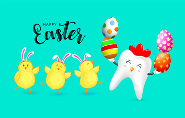 Naklejka premium Cute cartoon hen tooth character design with Easter eggs and little chicks. Happy Easter holiday concept. Vector illustration isolated on green background.