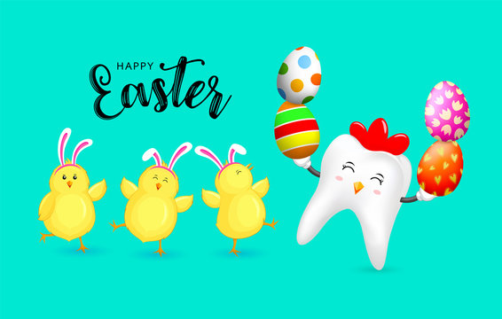 Cute cartoon hen tooth character design with Easter eggs and  little chicks. Happy Easter holiday concept. Vector illustration isolated on green background.