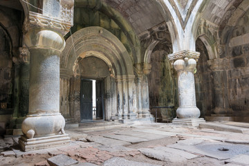 Alaverdi, Armenia - Jun 12 2018: Pillar at Sanahin Monastery in Sanahin village, Alaverdi, Lori, Armenia. It is part of the World Heritage Site - Monasteries of Haghpat and Sanahin.