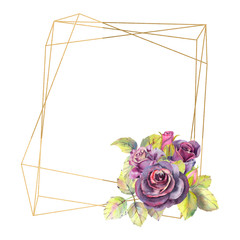 Flowers of dark roses, green leaves, composition in a geometric Golden frame. The concept of the wedding flowers. Round frame. Flower poster, invitation. Watercolor compositions f