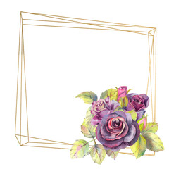 Flowers of dark roses, green leaves, composition in a geometric Golden frame. The concept of the wedding flowers. Round frame. Flower poster, invitation. Watercolor compositions f