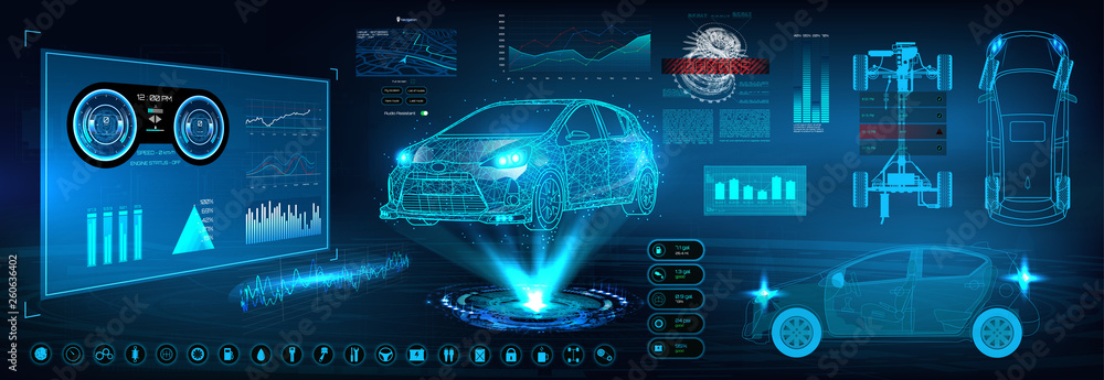 Aufkleber Car service in the style of HUD. Virtual graphical interface Ui HUD Autoscanning, analysis and diagnostics, Abstract vector science. Car auto service infographics. repair Futuristic user interface
