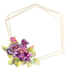 Flowers of dark roses, green leaves, composition in a geometric Golden frame . Flower poster, invitation. Watercolor compositions for the design of greeting cards or invitations.