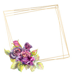 Flowers of dark roses, green leaves, composition in a geometric Golden frame . The concept of the wedding flowers. Flower poster, invitation. Watercolor compositions