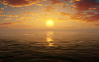 concept art of epic sunset with calm ocean and deep sky