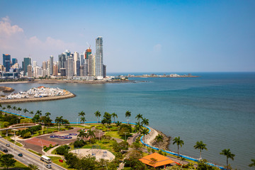 Aerial View to skyline from panama City along the Cinta Costera