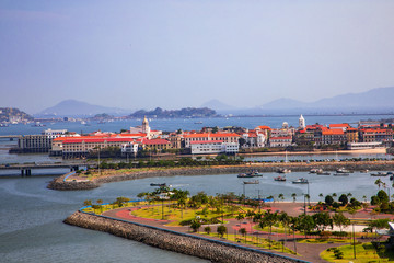 Aerial View to the historical part from panama City called Casco Viejo. In the background is Amador where the Cruise ships are arriving and further the Taboga Island