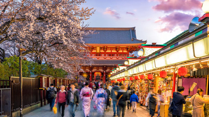 Tourists at shopping street in Asakusa, Tokyo, Japan with sakura trees (Japanese letters on the red...