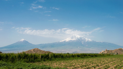 Ararat , Armenia - Jun 15 2018- Mount Ararat view from Khor Virap. a famous landscape in Lusarat, Ararat, Armenia.