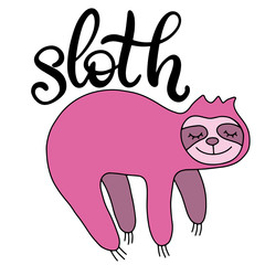 Cute slow sloth with lettering vector illustration.