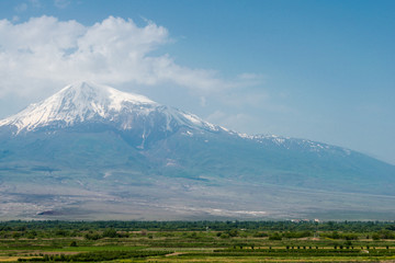 Ararat , Armenia - Jun 15 2018- Mount Ararat view from Khor Virap Monastery. a famous landscape in Lusarat, Ararat, Armenia.