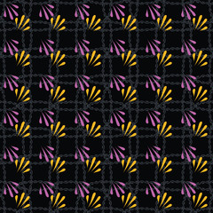 Seamless pattern with lacy leaves layered with corded plaid texture in geometric layout. Vector illustration in shades of lilac, yellow, balck and grey. Designed for home decor, fashion fabric,