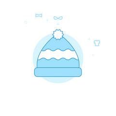 Knitted Hat with Pom Pom Flat Vector Illustration, Icon. Light Blue Monochrome Design. Editable Stroke