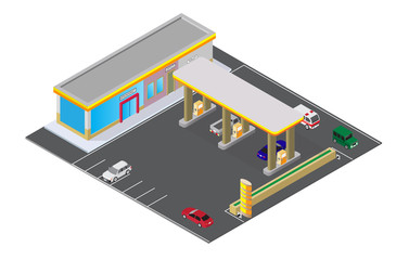 isometric Gas station, petrol station, fuel pump, car, shop, oil station, gasoline. mini market