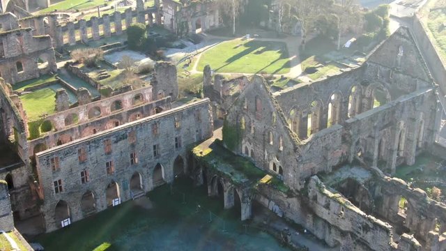 Aerial view of Villers Abbey ruins, an ancient Cistercian abbey located near the town of Villers-la-Ville in the Brabant province of Wallonia, Belgium