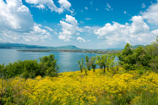 Sevan, Armenia - Jun 07 2018- Sevan lake view from Sevanavank Monastery. a famous landscape in Sevan, Gegharkunik, Armenia.