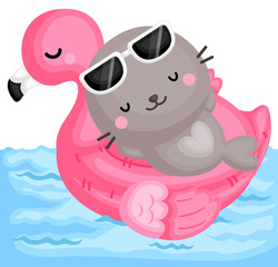 A Vector of Cute Little Seal Relaxing on top of Pink Flamingo Float at the Pool