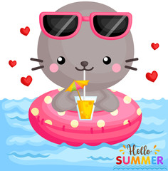 A Vector of Cute Little Seal on Float drinking orange juice at the Pool
