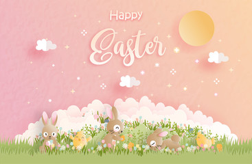 Happy Easter with cute bunny and Ester eggs in paper cut style vector illustration.