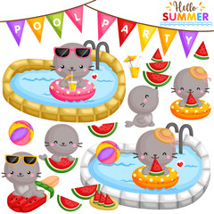 A Vector of Cute Little Seals Eating Sweet Watermelon and Partying at the Pool
