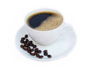 Coffee cup and beans isolated on white background