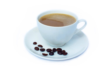 Coffee cup and beans isolated on a white background