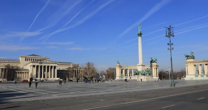 BUDAPEST, HUNGARY - JANUARY 17, 2019 : A view of Heroes Square