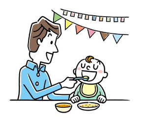 赤ちゃんに食事を与える父親