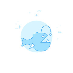 Anglerfish, Deep Sea Fish Flat Vector Illustration, Icon. Light Blue Monochrome Design. Editable Stroke