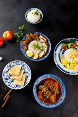 various asian foods rice and dishes