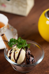 vanilla and chocolate ice cream served with tea