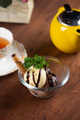 vanilla and chocolate ice cream served with tea