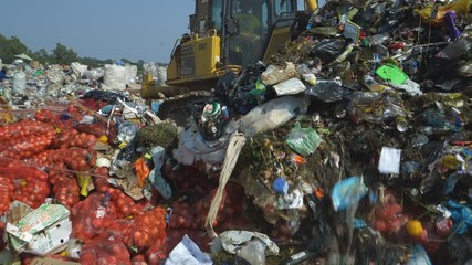 4K close-up view of a bulldozer that is pushing a pile of garbage over pockets of vegetables that have been dumped at a landfill dump site - Powered by Adobe