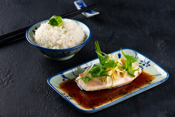 chinese style, fish steamed with soy sauce with ingredient
