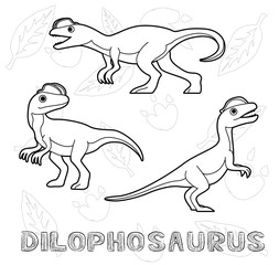Dinosaur Dilophosaurus Cartoon Vector Illustration Monochrome