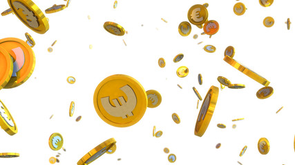 3D illustration of euro coins falling on a white background