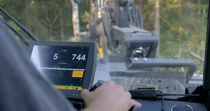 Logging machine cutting down trees, cutting branches and laying trunks for further transportation to the woodworking factory. View from the cockpit of the complex, you can see the work of the operator