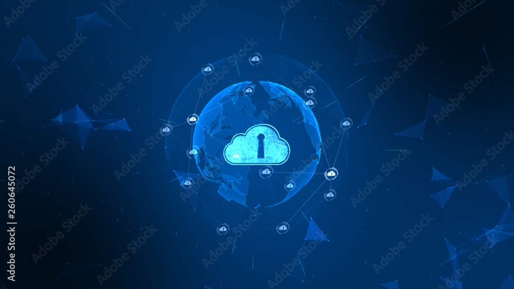 Poster secure global network. digital cloud computing cyber security concept. earth element furnished by na