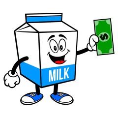 Milk Carton Mascot with a Dollar - A cartoon illustration of a  Milk carton mascot.