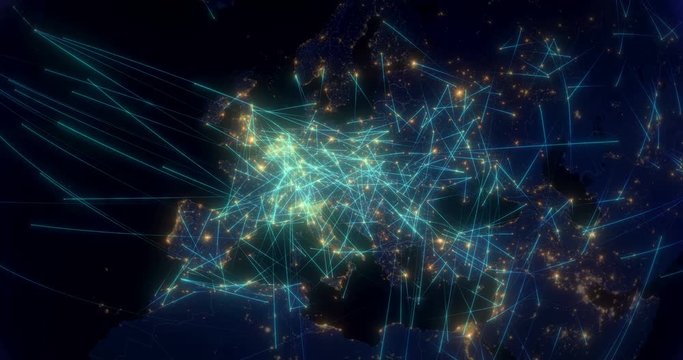 Global Communications Through the Network of Connections From Europe to America. The Concept of the Internet, Social Media, Travelling, Logistics. The High-resolution Texture of City Lights at Night.