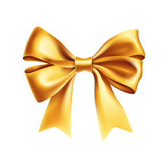 Romantic gold ribbon bow isolated on white background. Realistic decoration for holidays events. Glossy decor object from satin vector illustration. Wedding or valentine s day decoration element.