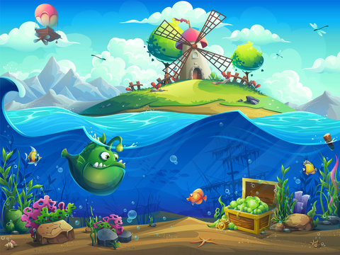 Undersea world with mill on the island