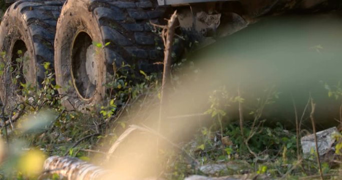 The huge wheels of the all-terrain vehicle cross rugged terrain in the forest, through mud, stones and branches of felled trees. Dirty wheels close up