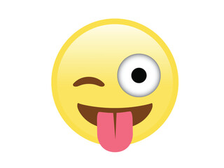 Vector isolated yellow smiley face with tongue, wink eye icon