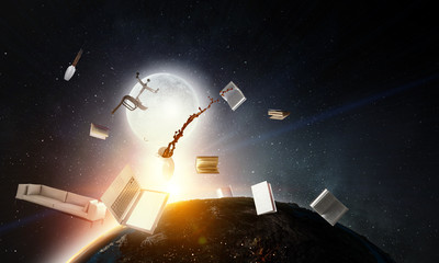 Fototapeta na wymiar Office objects flying in space